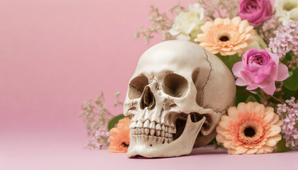 Human skull with flowers on pink background with copy space