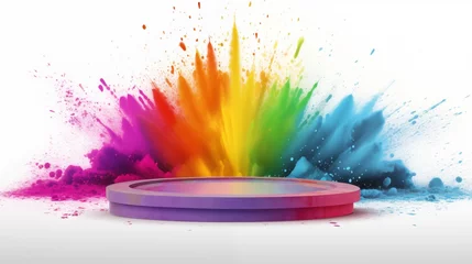 Foto op Canvas Podium with rainbow color powder chalk explosion in the back. Isolated on white background © Meta