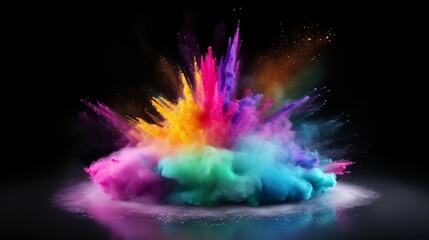 Podium with rainbow color powder chalk explosion in the back. Isolated on white background - obrazy, fototapety, plakaty