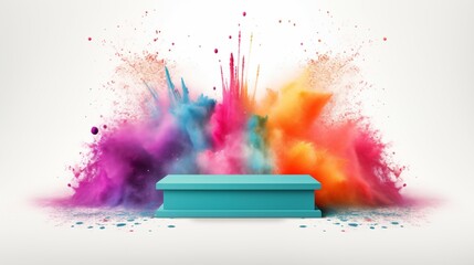 Podium with rainbow color powder chalk explosion in the back. Isolated on white background
