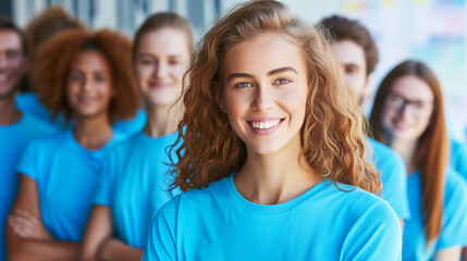 Fototapeta premium Cheerful young woman with wavy hair wearing a blue volunteer shirt stands confidently with a group, exuding positivity and teamwork
