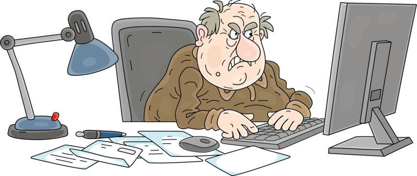 Angry and vile snitch typing his insidious false denunciation on a computer keyboard, vector cartoon illustration isolated on white