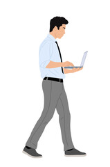 Businessman character walking side view, holding laptop. Handsome man wearing shirt, tie working on laptop computer. Vector realistic illustration isolated on white background.