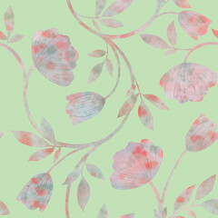 Abstract flower with leaves drawn in watercolor on a light green background for wrapping paper, wallpaper, textiles.