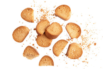 broken bread rusks with crumbs isolated on white or transparent png