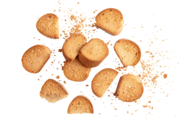 Foto auf Leinwand broken bread rusks with crumbs isolated on white or transparent png © David Kreuzberg
