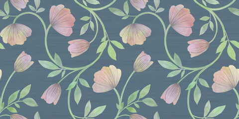 Seamless botanical pattern. Abstract flower with leaves drawn in watercolor on a green textured background for wrapping paper, wallpaper, textile.