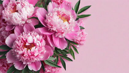 Top view of beautiful peony flowers on pink background with copy space