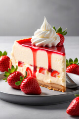Tasty cheesecake with strawberry on a light grey stone background.