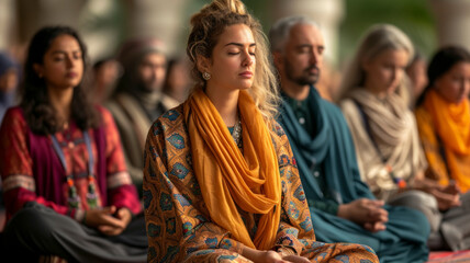 Interfaith prayer with people of different religions in unified contemplation, expressing the shared pursuit of peace