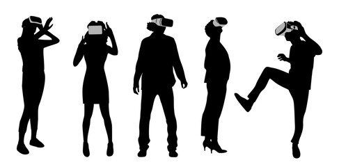 Silhouettes of diverse people in virtual reality headset. Different Men and women wearing digital glasses travel in metaverse. Modern technologies. Black illustrations isolated on white background.
