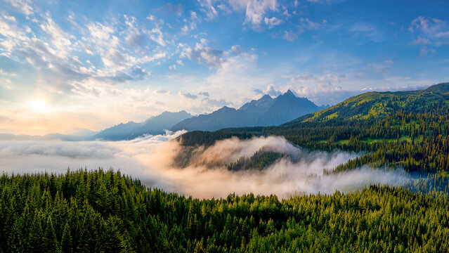A misty morning in the beautiful Wildschönau region of Austria. It lies in a remote alpine valley at around 1,000m altitude on the western slopes of the Kitzbühel Alps.