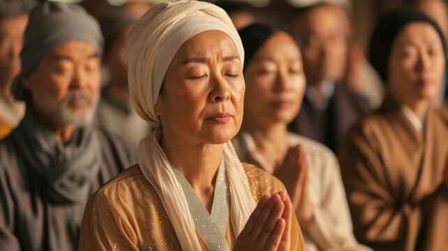 Interfaith prayer with people of different religions in unified contemplation, expressing the shared pursuit of peace