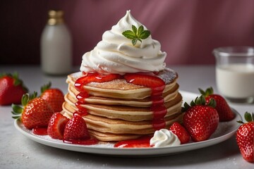 A stack of pancakes with strawberries