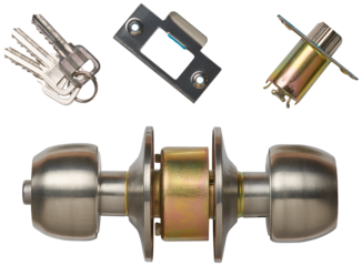 parts of silver door knob locks with fittings, traditional and minimalist style round or cylindrical knobs for internal wooden and plastic doors, cutout isolated on white background without shadows