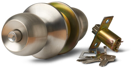 close-up of silver door knob locks with fittings, traditional and minimalist style round or...