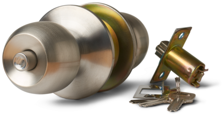 close-up of silver door knob locks with fittings, traditional and minimalist style round or cylindrical knobs for internal wooden and plastic doors, selective focus with isolated on white background