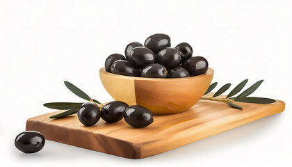 Wooden board with bowl of tasty black olives on white background with copy space