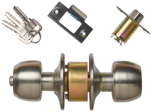 parts of silver door knob locks with fittings, traditional and minimalist style round or cylindrical knobs for internal wooden and plastic doors, cutout isolated on white background without shadows