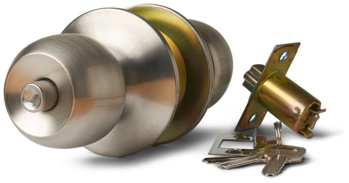 close-up of silver door knob locks with fittings, traditional and minimalist style round or cylindrical knobs for internal wooden and plastic doors, selective focus with isolated on white background