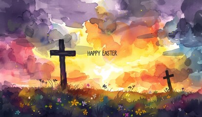 HAPPY EASTER watercolor cross, spiritual, inspirational, religious Generative AI