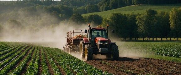 Tractor spraying field with vegetables from wide sprayer