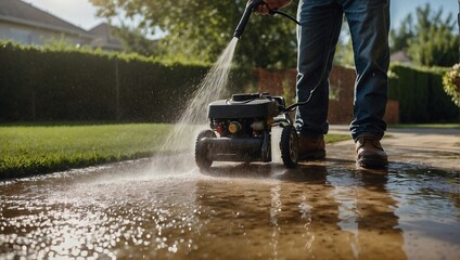 Man cleaning driveway with high-pressure washer at his own home - obrazy, fototapety, plakaty