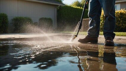 Man cleaning driveway with high-pressure washer at his own home