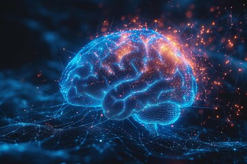 Obraz premium Digital illustration of a glowing human brain in a network of connections.