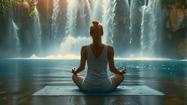 Attractive young woman meditating in front of waterfall flowing in slow motion, zen yoga nature experiences, natural spa day lotus pose back view connecting with nature 4k video