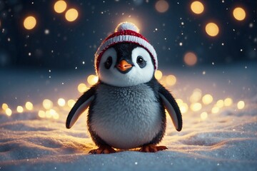 Christmas festive penguin on snow with lights