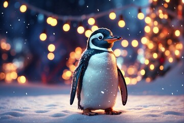 Christmas festive penguin on snow with lights