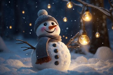 Snowman against Christmas lights during snowfall