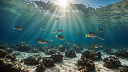 Group of fish swimming in water: white sandy sea
