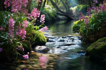 A tranquil stream flows through a verdant landscape, flanked by vibrant pink flowers.