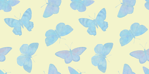 Fototapeta na wymiar blue butterflies isolated on a light green background.