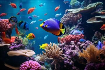 A colorful underwater view of a bustling aquarium filled with a variety of tropical fish swimming among vivid coral reefs.