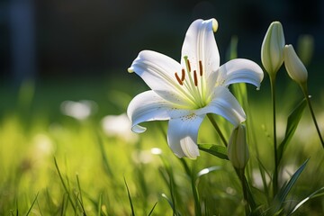 A single white lily stands out in a sunlit meadow, with buds about to bloom.