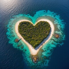 Small heart-shaped island in the middle of the ocean: aerial view