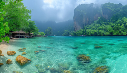 Pileh Lagoon with green emerald ocean at Koh Phi Phi Thailand,generative ai