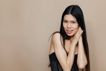 Woman glamour femininity fashion hair cosmetic asian model portrait beautiful beauty beige salon