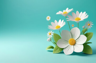 On a light in gentle shades green background, spring white flowers are located on the right side. Advertising banner concept, invitation for Mother's Day, Valentine's Day, Wedding Day, Easter, Spring