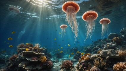 Underwater scene with corals and jellyfish - obrazy, fototapety, plakaty