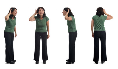 Obraz premium various poses of the same woman listening on white background