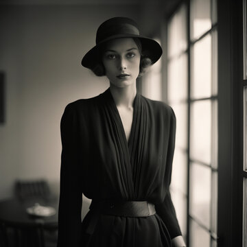 black and white photo of a woman in 1900s wearing bloomsbury vintage suit and hat next to window