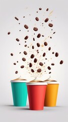 Abstract coffee cups expresso, cappuccino or latte. Creative coffee concept, falling coffee beans in the air. Splashes of coffee over the cups. Advertising banner
