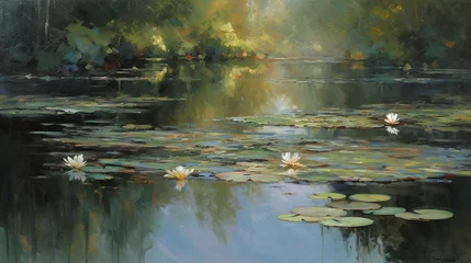 Fotobehang A tranquil pond scene with water lily flowers in the water. Oil painting.  © Dannchez