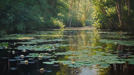Fotobehang A tranquil pond scene with water lily flowers in the water. Oil painting.  © Dannchez