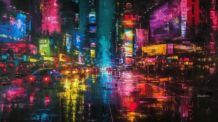 The painting captures the dynamic and vibrant energy of the cityscape at the night. Oil painting. 