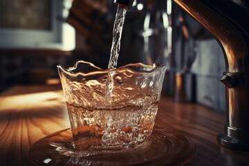 Clean tap, water.  Kitchen tap, filling glass of water, illustrating the need fora  clean, drinkable water supply